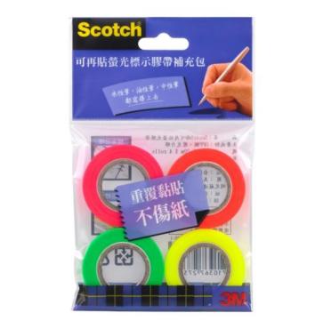 3M 4色可再貼螢光標示膠帶-內帶 812R4(4入裝)
